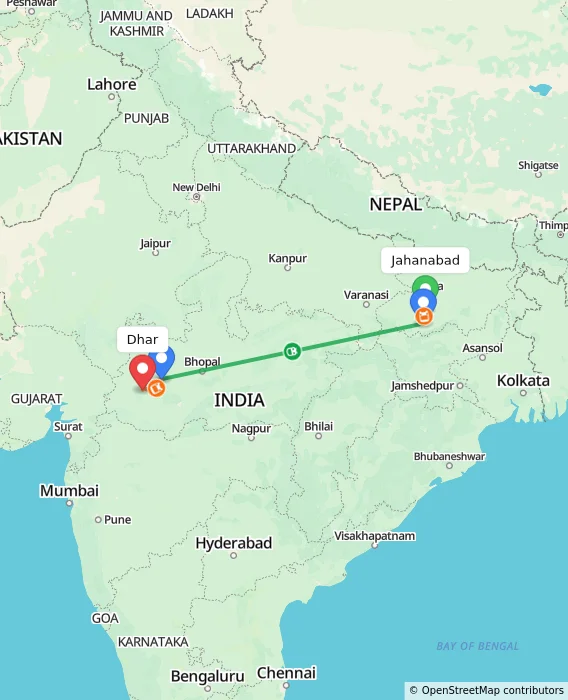 Route map showing distance and travel time from Jahanabad, India to Dhar, India