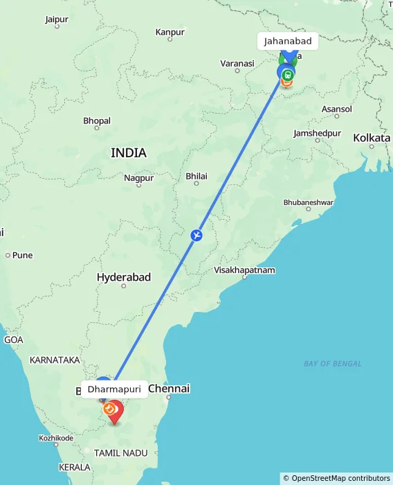Route map showing distance and travel time from Jahanabad, India to Dharmapuri, India
