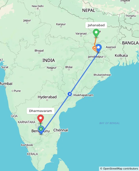 Route map showing distance and travel time from Jahanabad, India to Dharmavaram, India