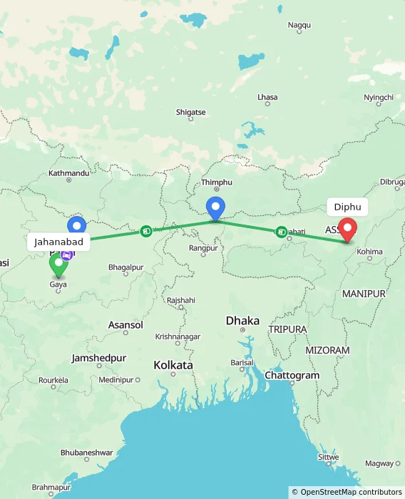 Route map showing distance and travel time from Jahanabad, India to Diphu, India