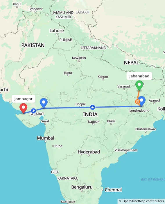 Route map showing distance and travel time from Jahanabad, India to Jamnagar, India