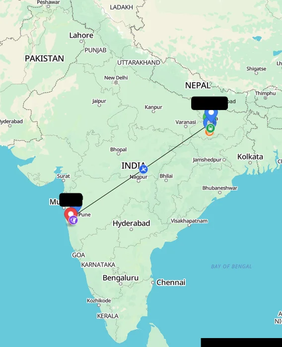 Route map showing distance and travel time from Jahanabad, India to Khed, India