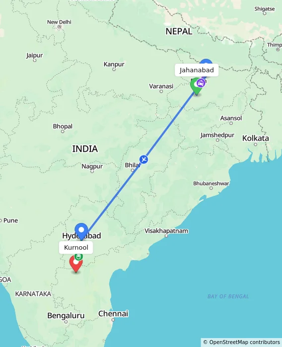 Route map showing distance and travel time from Jahanabad, India to Kurnool, India