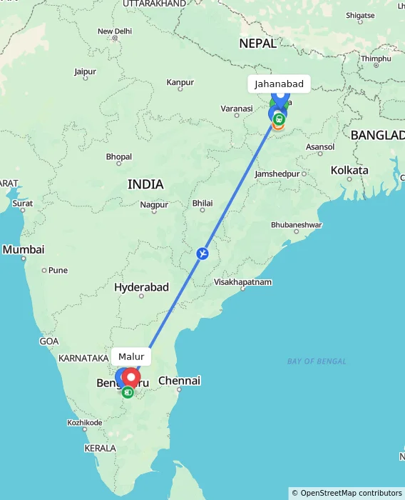 Route map showing distance and travel time from Jahanabad, India to Malur, India