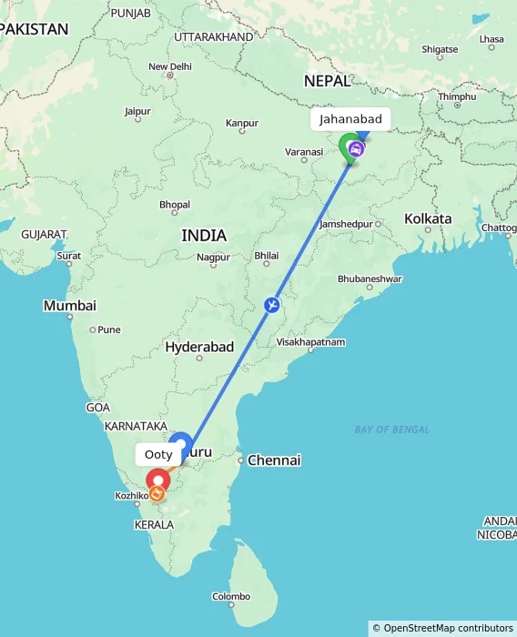 Route map showing distance and travel time from Jahanabad, India to Ooty, India