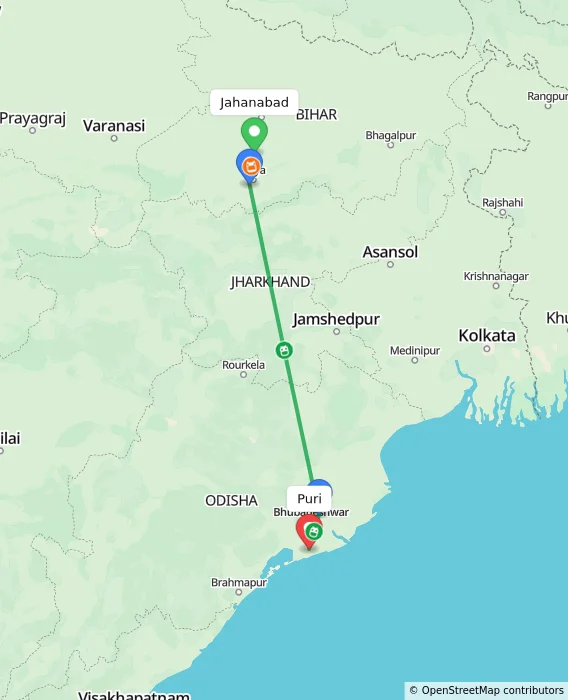 Route map showing distance and travel time from Jahanabad, India to Puri, India