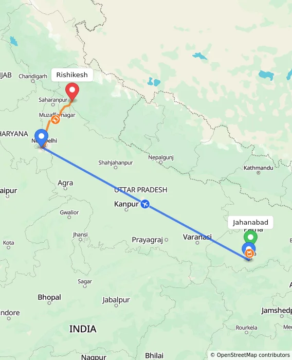 Route map showing distance and travel time from Jahanabad, India to Rishikesh, India