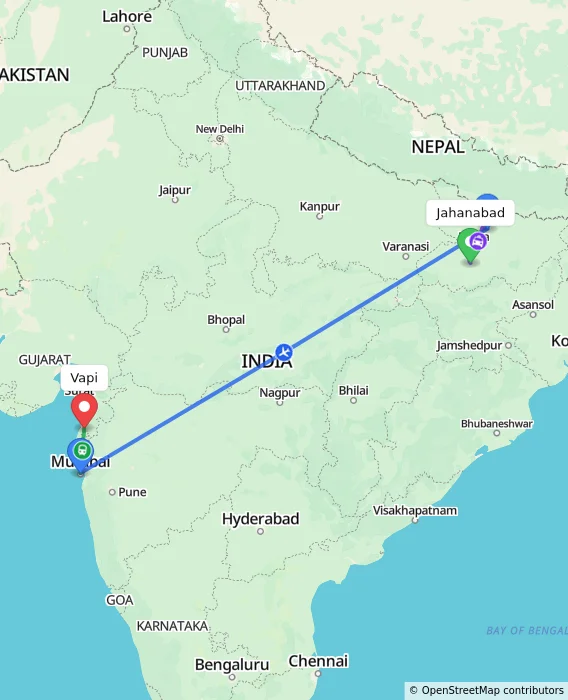 Route map showing distance and travel time from Jahanabad, India to Vapi, India