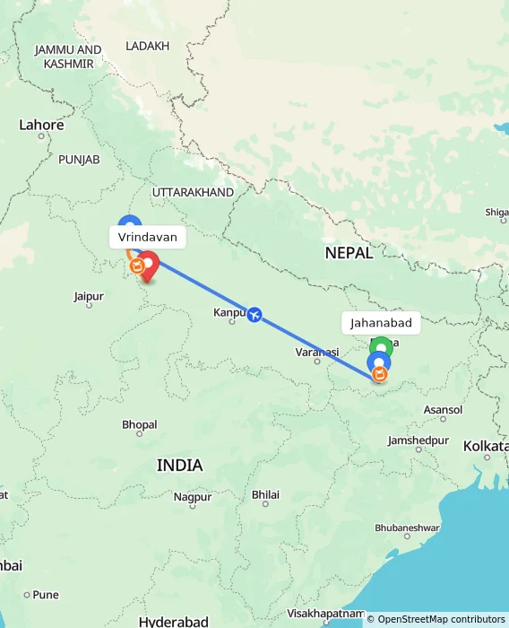 Route map showing distance and travel time from Jahanabad, India to Vrindavan, India