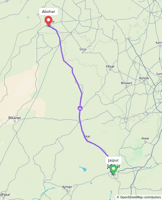 Route map showing distance and travel time from Jaipur, India to Abohar, India