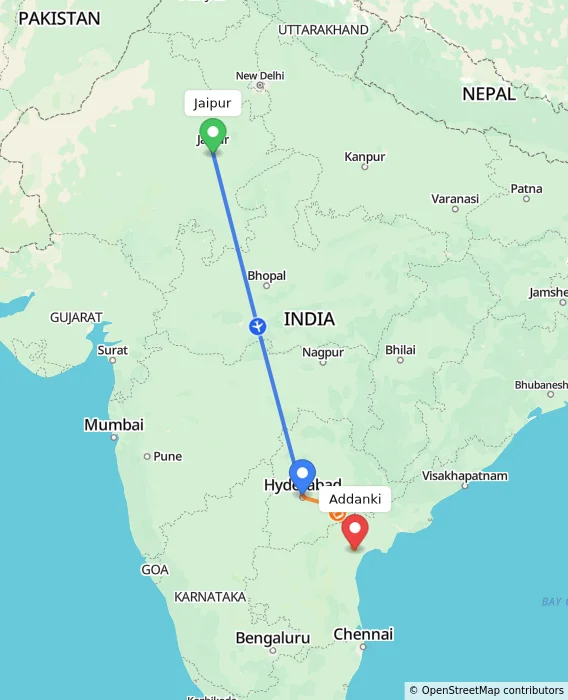 Route map showing distance and travel time from Jaipur, India to Addanki, India