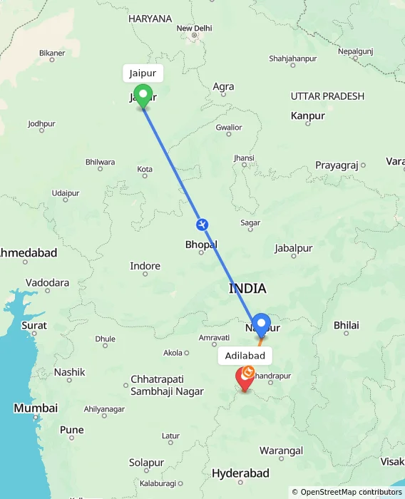 Route map showing distance and travel time from Jaipur, India to Adilabad, India