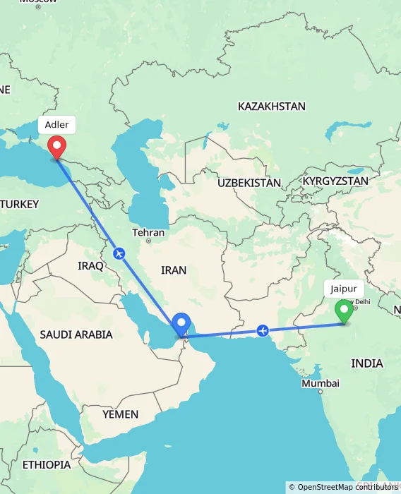 Route map showing distance and travel time from Jaipur, India to Adler, Russian Federation