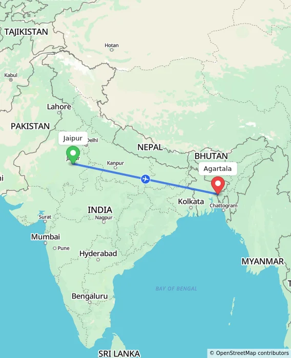 Route map showing distance and travel time from Jaipur, India to Agartala, India