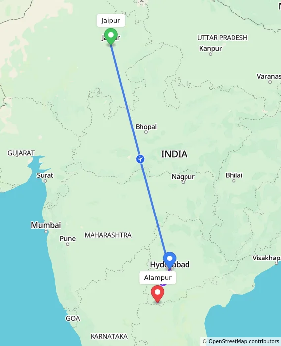 Route map showing distance and travel time from Jaipur, India to Alampur, India