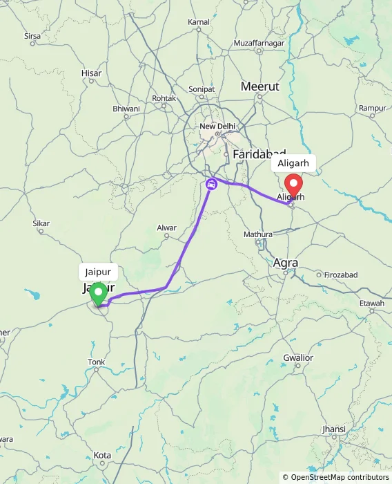 Route map showing distance and travel time from Jaipur, India to Aligarh, India