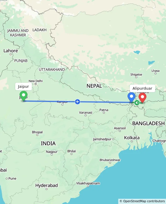 Route map showing distance and travel time from Jaipur, India to Alipurduar, India