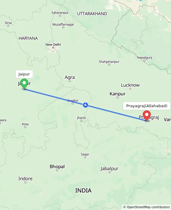 Route map showing distance and travel time from Jaipur, India to Allahabad, India