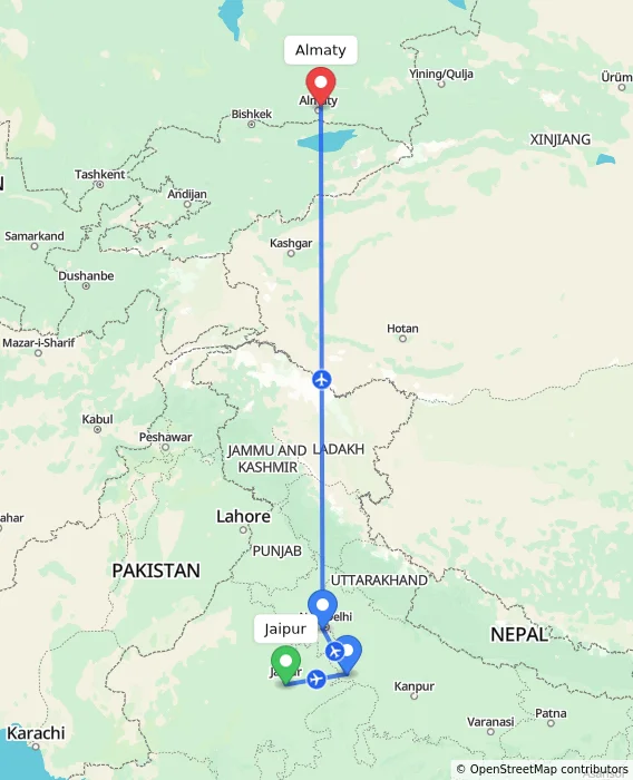 Route map showing distance and travel time from Jaipur, India to Almaty, Kazakhstan