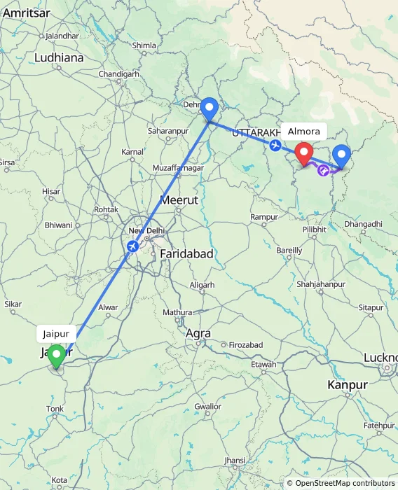 Route map showing distance and travel time from Jaipur, India to Almora, India
