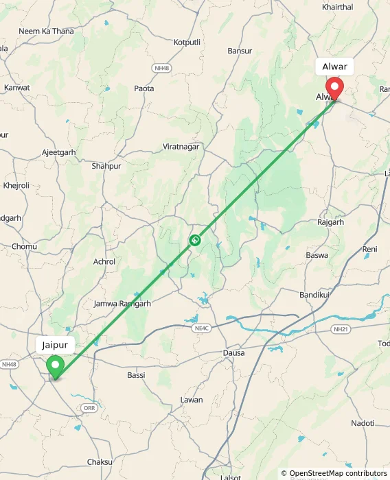 Route map showing distance and travel time from Jaipur, India to Alwar, India