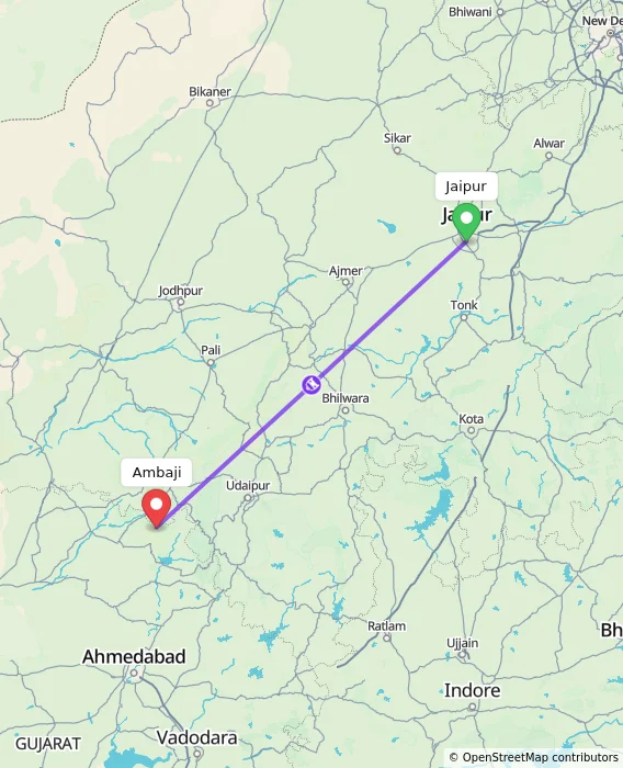 Route map showing distance and travel time from Jaipur, India to Ambaji, India