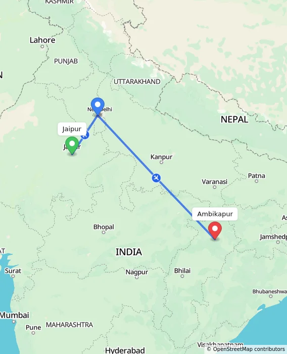 Route map showing distance and travel time from Jaipur, India to Ambikapur, India