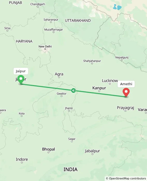 Route map showing distance and travel time from Jaipur, India to Amethi, India