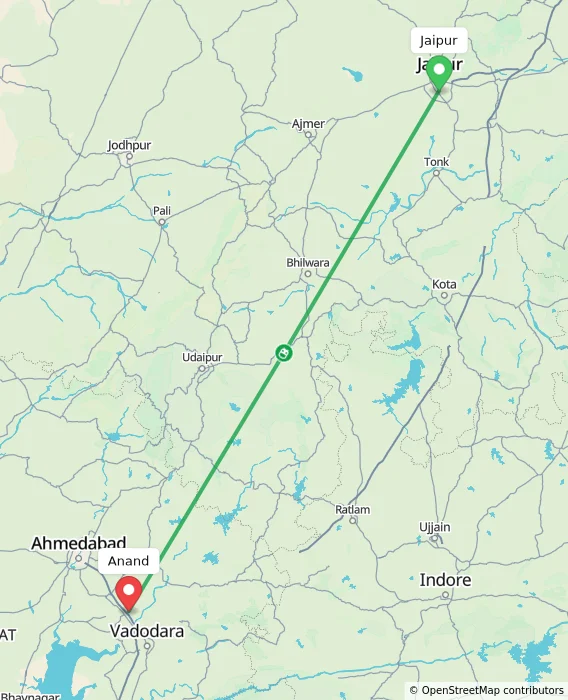 Route map showing distance and travel time from Jaipur, India to Anand, India
