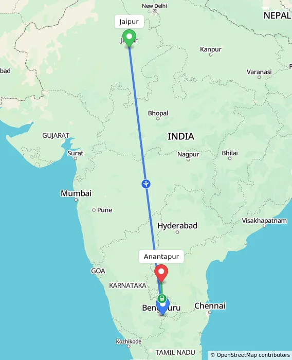 Route map showing distance and travel time from Jaipur, India to Anantapur, India