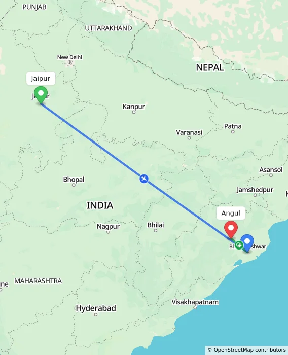 Route map showing distance and travel time from Jaipur, India to Angul, India