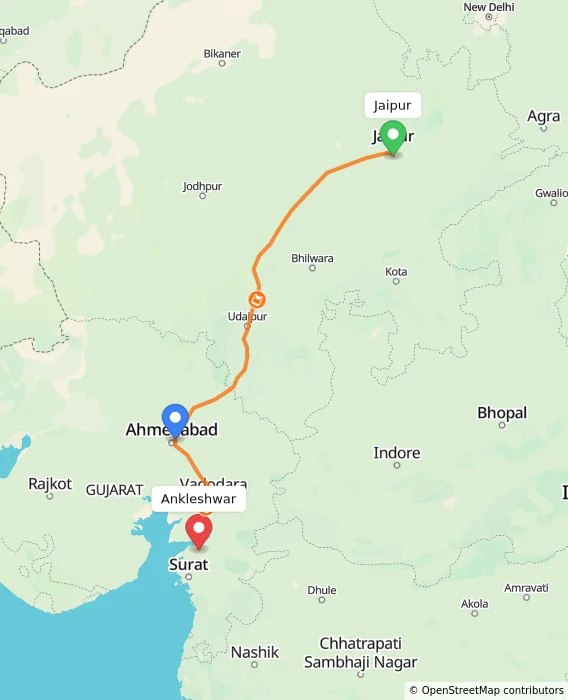 Route map showing distance and travel time from Jaipur, India to Ankleshwar, India