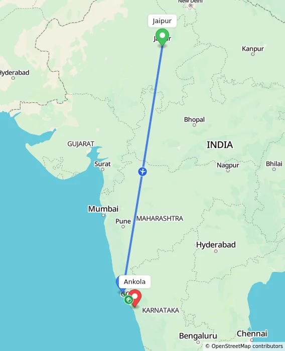 Route map showing distance and travel time from Jaipur, India to Ankola, India