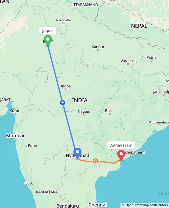 Route map showing distance and travel time from Jaipur, India to Annavaram, India