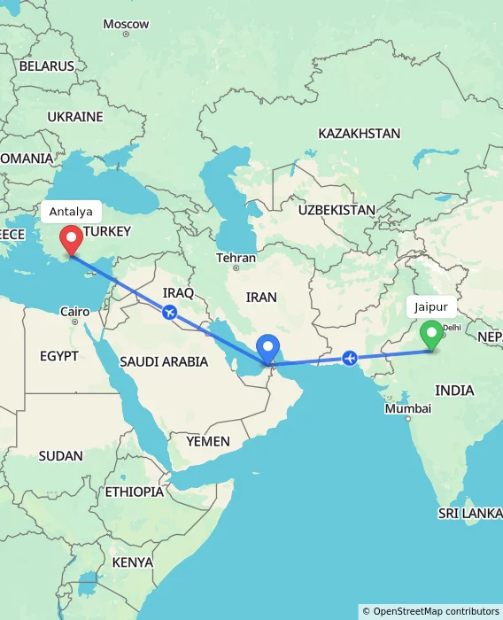Route map showing distance and travel time from Jaipur, India to Antalya, Turkey
