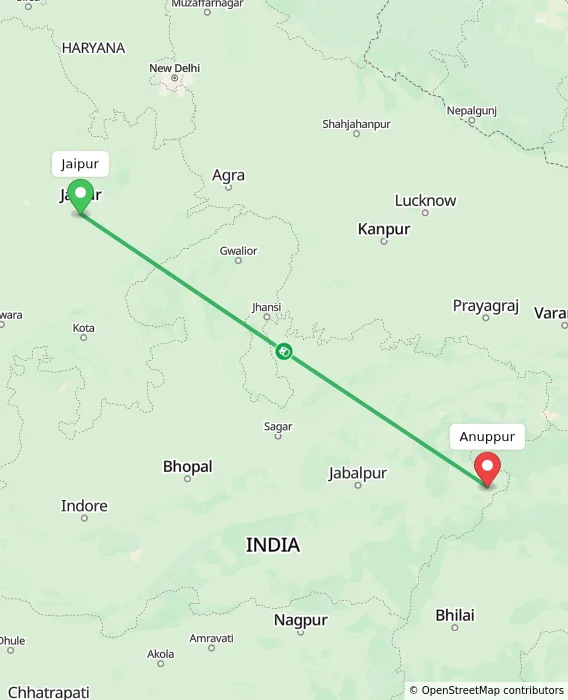 Route map showing distance and travel time from Jaipur, India to Anuppur, India