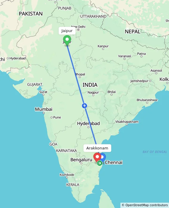 Route map showing distance and travel time from Jaipur, India to Arakkonam, India