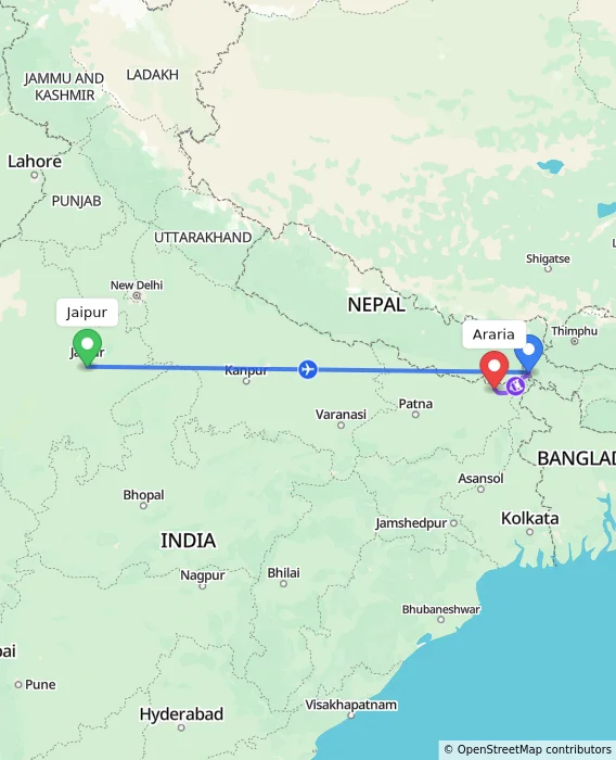 Route map showing distance and travel time from Jaipur, India to Araria, India