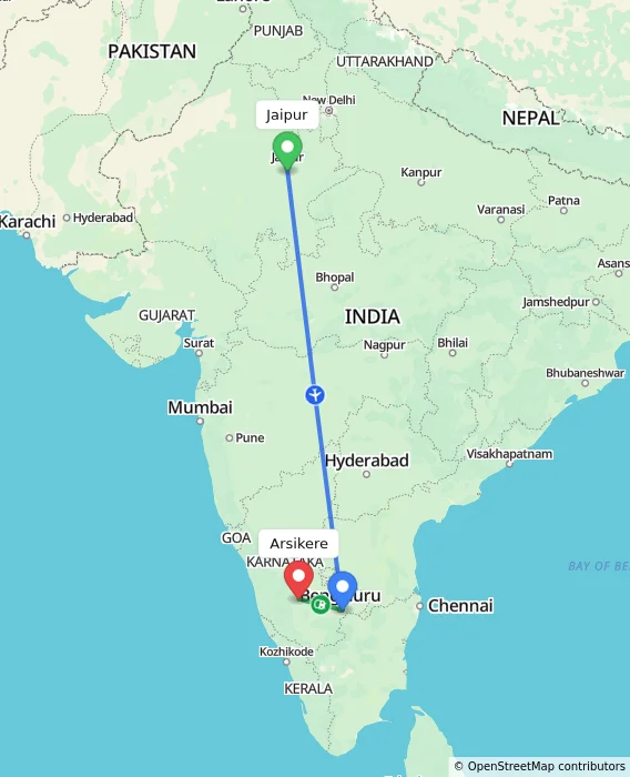 Route map showing distance and travel time from Jaipur, India to Arsikere, India