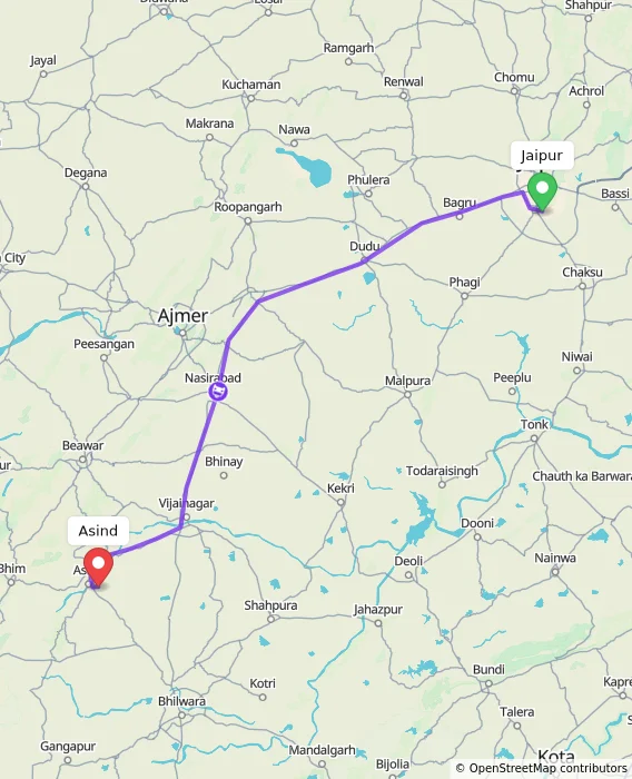 Route map showing distance and travel time from Jaipur, India to Asind, India