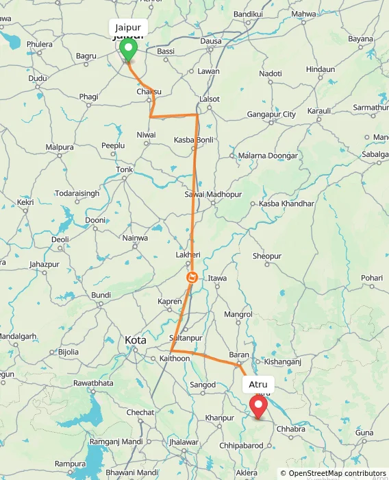 Route map showing distance and travel time from Jaipur, India to Atru, India