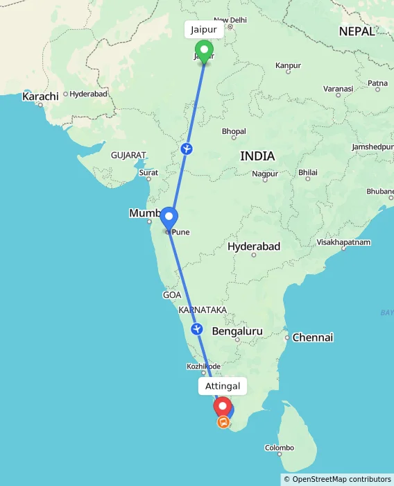 Route map showing distance and travel time from Jaipur, India to Attingal, India