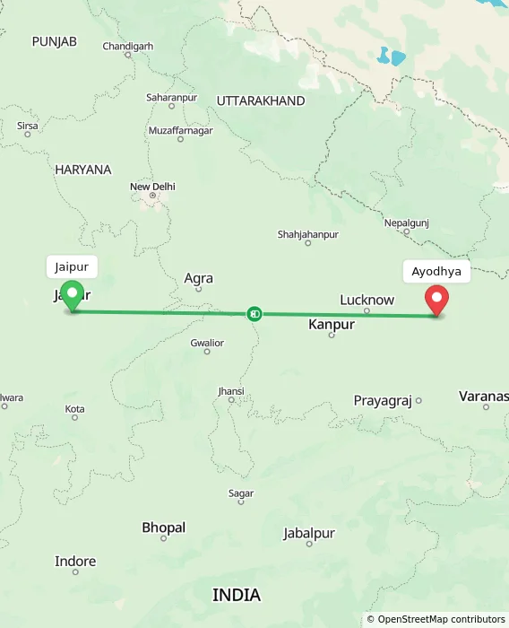 Route map showing distance and travel time from Jaipur, India to Ayodhya, India
