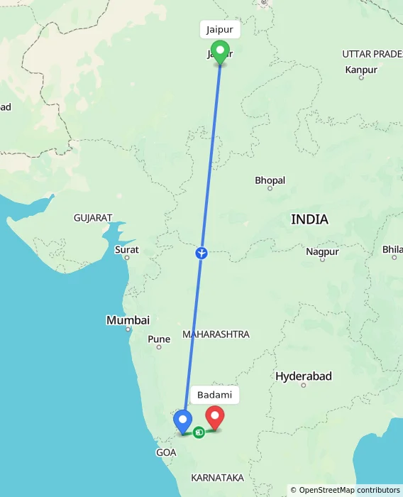 Route map showing distance and travel time from Jaipur, India to Badami, India