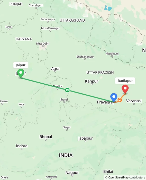 Route map showing distance and travel time from Jaipur, India to Badlapur, India