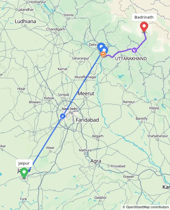 Route map showing distance and travel time from Jaipur, India to Badrinath, India
