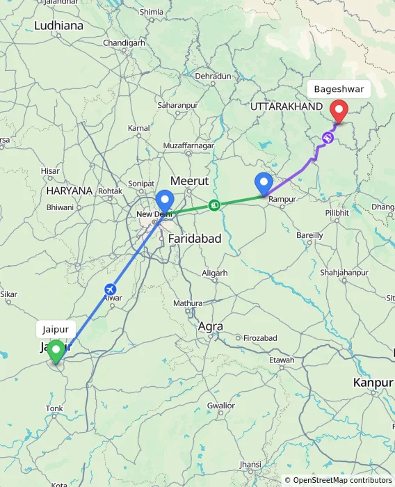 Route map showing distance and travel time from Jaipur, India to Bageshwar, India