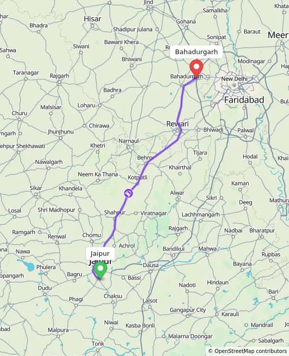 Route map showing distance and travel time from Jaipur, India to Bahadurgarh, India