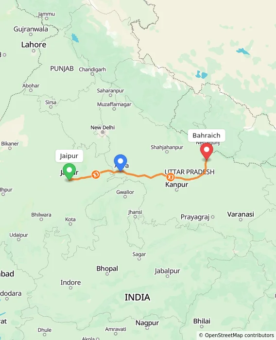 Route map showing distance and travel time from Jaipur, India to Bahraich, India