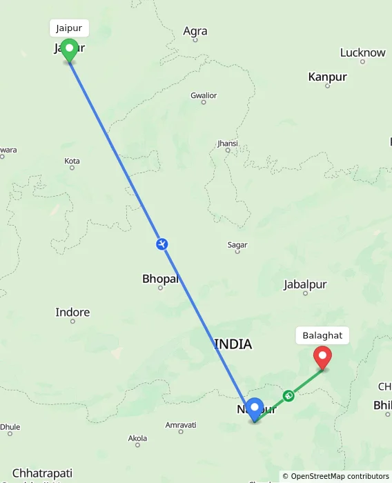 Route map showing distance and travel time from Jaipur, India to Balaghat, India
